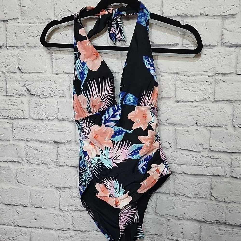 DKNY Women's Small One Piece Tummy Control Bathing Suit Black Floral  Halter NWT - Picture 2 of 7